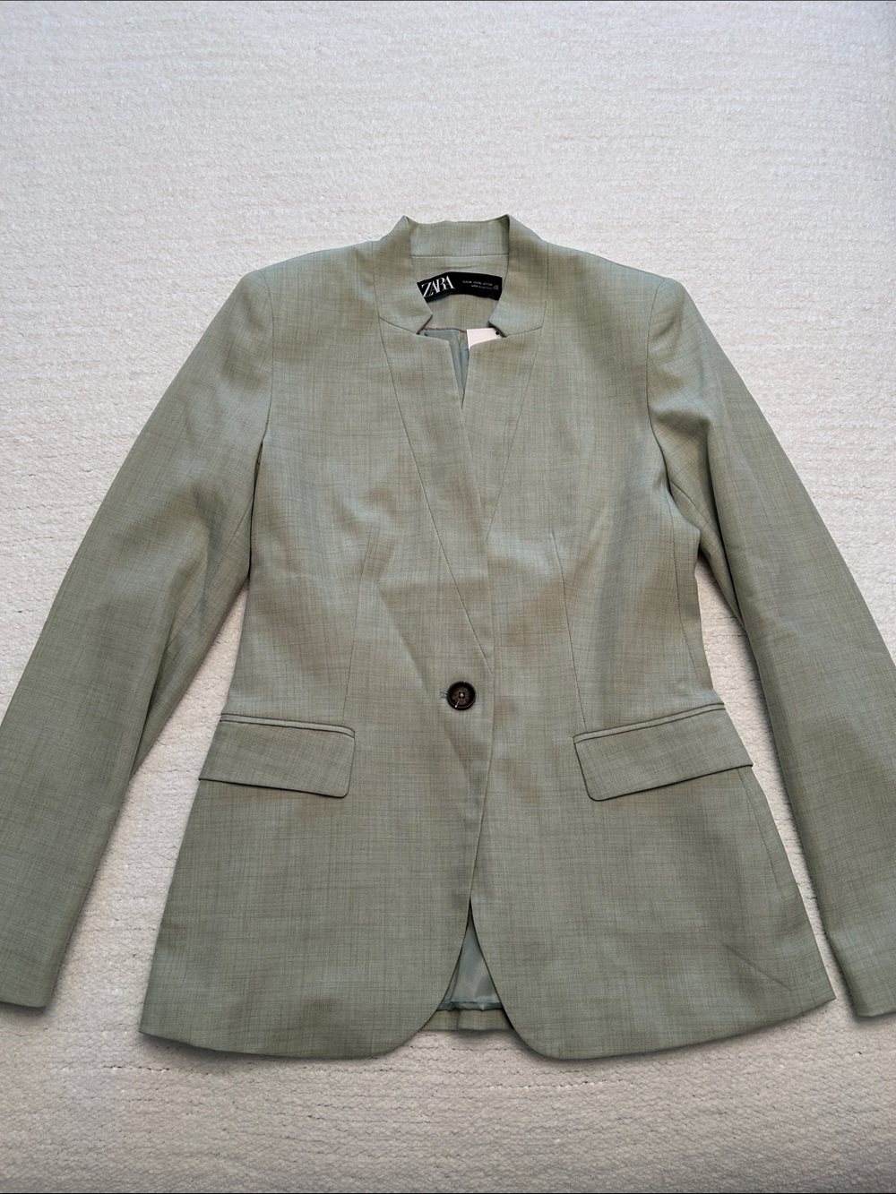 Zara Light Sage Single-Button Collarless Blazer